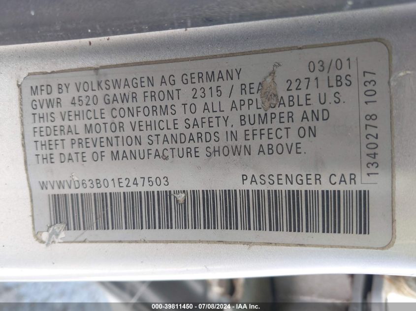 2001 Volkswagen Passat Gls VIN: WVWVD63B01E247503 Lot: 39811450