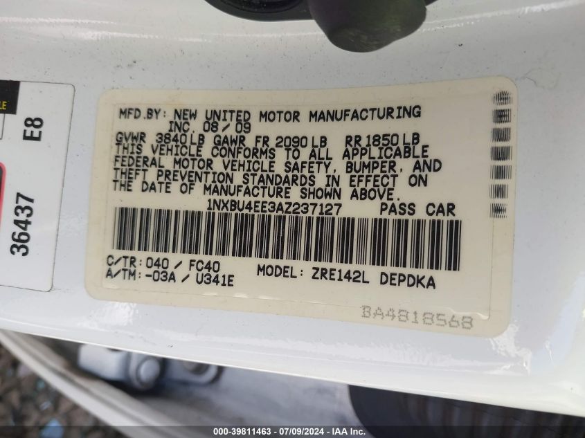 2010 Toyota Corolla S/Le/Xle VIN: 1NXBU4EE3AZ237127 Lot: 39811463