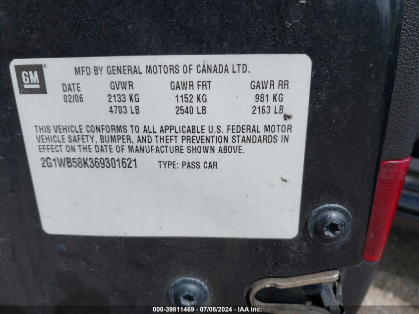 2006 Chevrolet Impala Ls VIN: 2G1WB58K369301621 Lot: 39811469