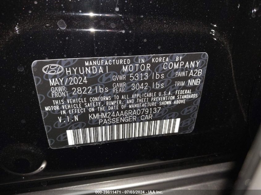 2024 Hyundai Ioniq 6 Se VIN: KMHM24AA6RA079137 Lot: 39811471