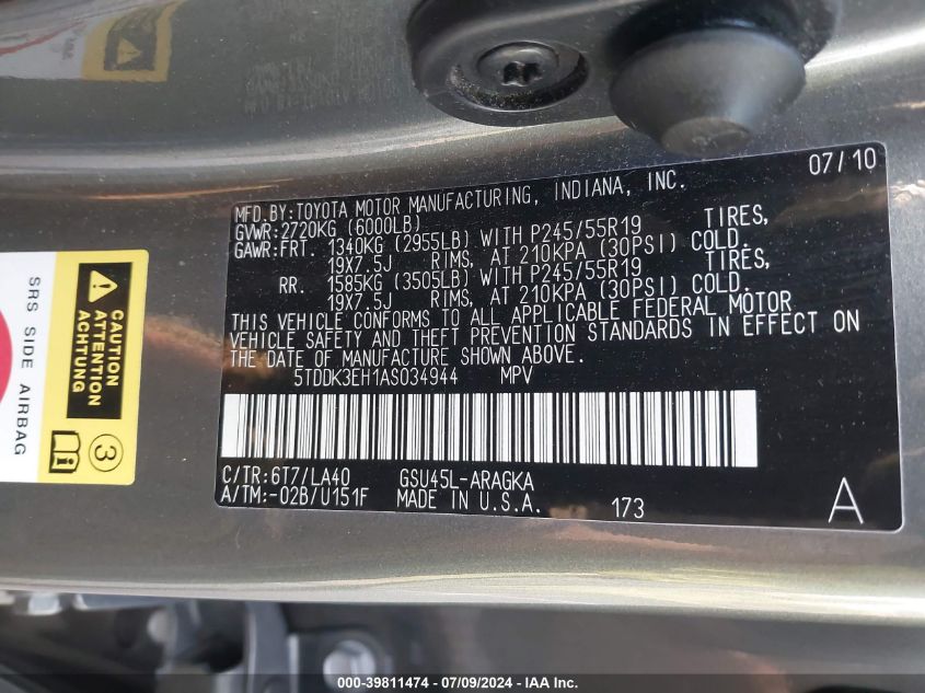 2010 Toyota Highlander Limited VIN: 5TDDK3EH1AS034944 Lot: 39811474