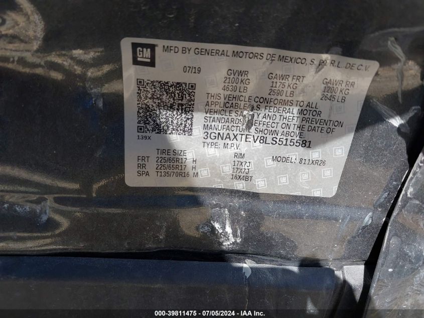 2020 Chevrolet Equinox Awd 2Fl VIN: 3GNAXTEV8LS515581 Lot: 39811475