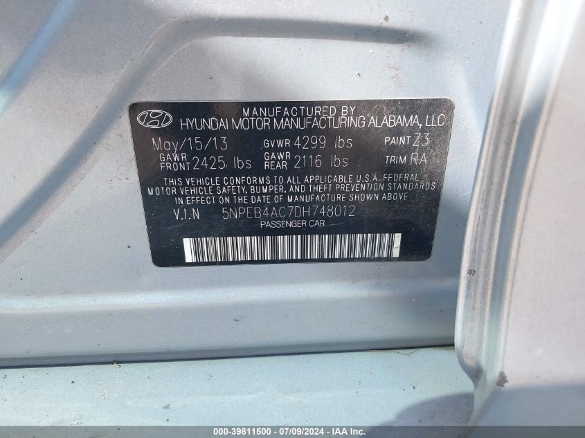 2013 HYUNDAI SONATA GLS - 5NPEB4AC7DH748012