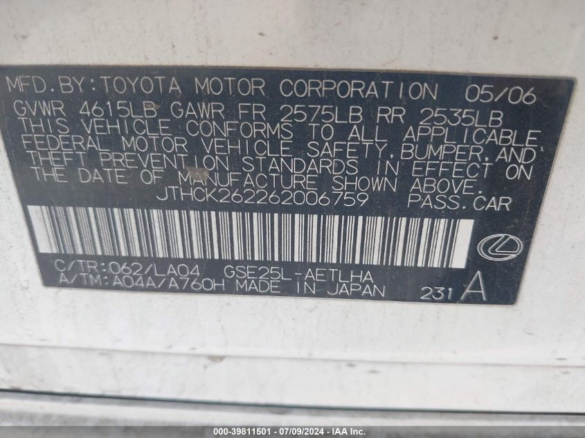 2006 Lexus Is 250 VIN: JTHCK262262006759 Lot: 39811501