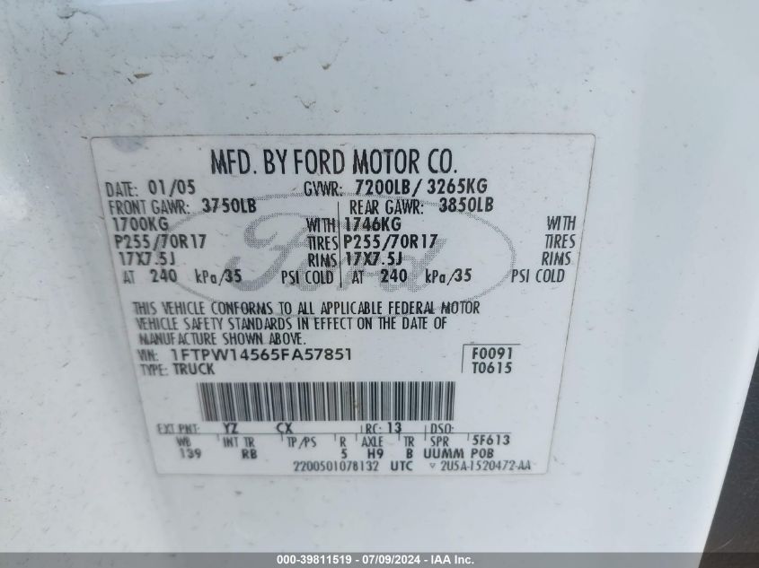 2005 Ford F-150 Fx4/Lariat/Xlt VIN: 1FTPW14565FA57851 Lot: 39811519