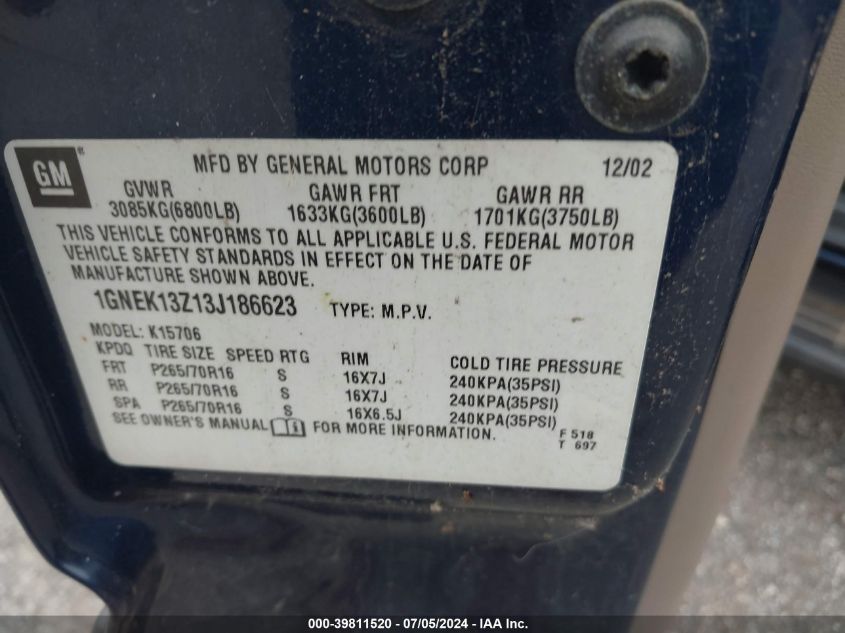 2003 Chevrolet Tahoe Lt VIN: 1GNEK13Z13J186623 Lot: 39811520