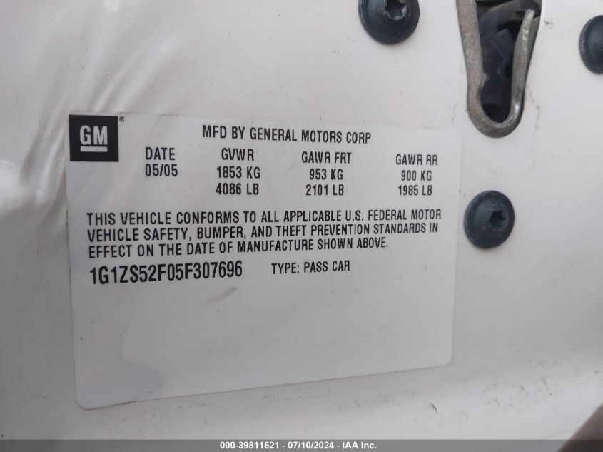 2005 Chevrolet Malibu VIN: 1G1ZS52F05F307696 Lot: 39811521