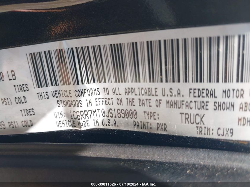 2018 Ram 1500 Sport 4X4 5'7 Box VIN: 1C6RR7MT0JS189000 Lot: 39811526