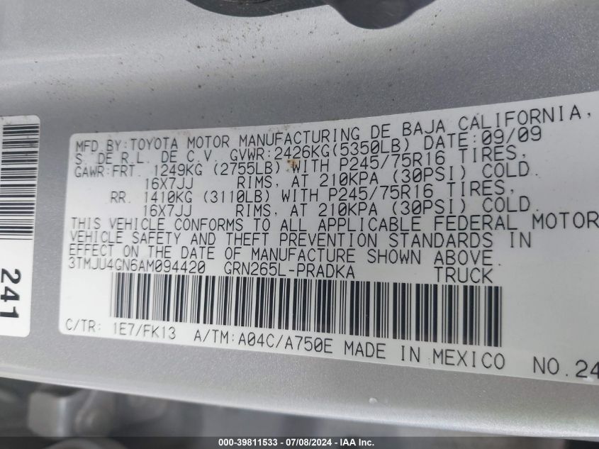 2010 Toyota Tacoma Double Cab Prerunner VIN: 3TMJU4GN6AM094420 Lot: 39811533