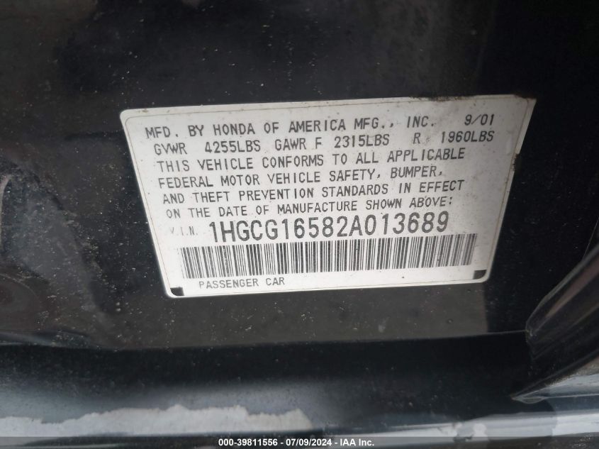 1HGCG16582A013689 | 2002 HONDA ACCORD