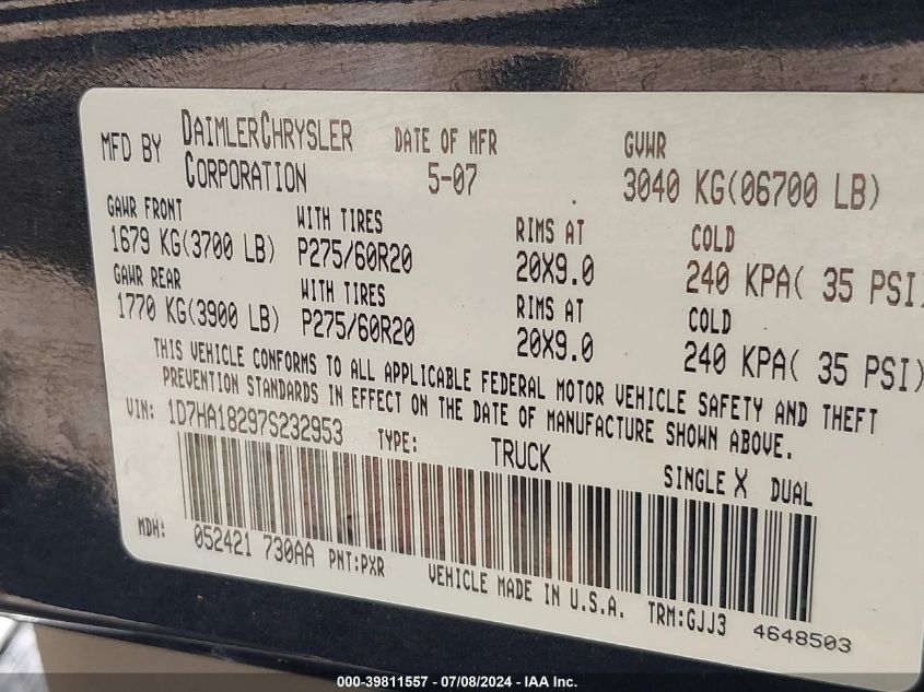 2007 Dodge Ram 1500 Laramie VIN: 1D7HA18297S232953 Lot: 39811557