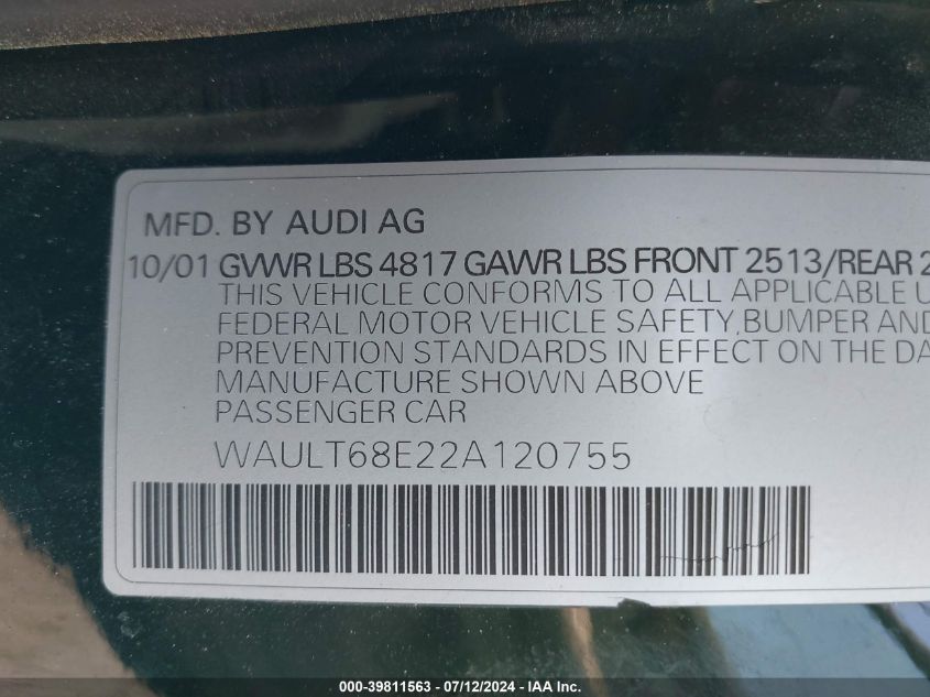 2002 Audi A4 3.0 VIN: WAULT68E22A120755 Lot: 39811563