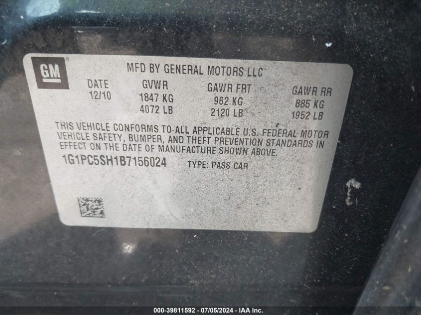 2011 Chevrolet Cruze Ls VIN: 1G1PC5SH1B7156024 Lot: 39811592