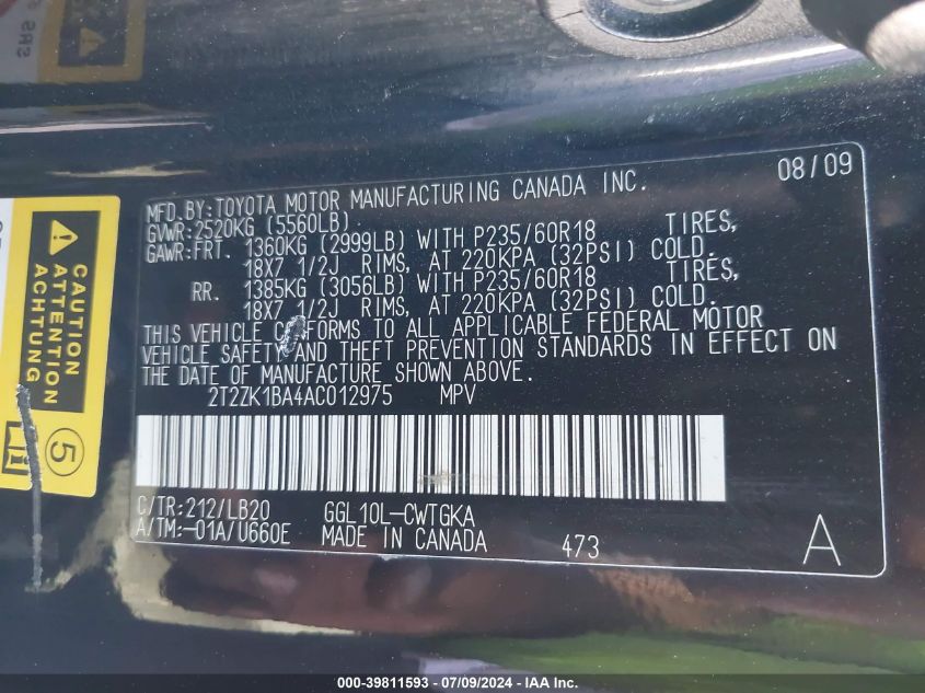 2010 Lexus Rx 350 350 VIN: 2T2ZK1BA4AC012975 Lot: 39811593