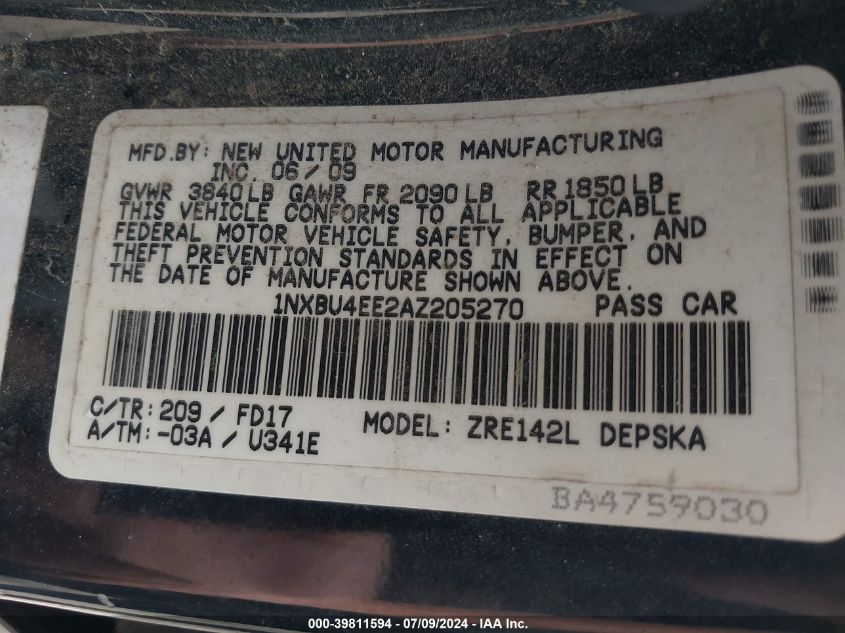 2010 Toyota Corolla S VIN: 1NXBU4EE2AZ205270 Lot: 39811594