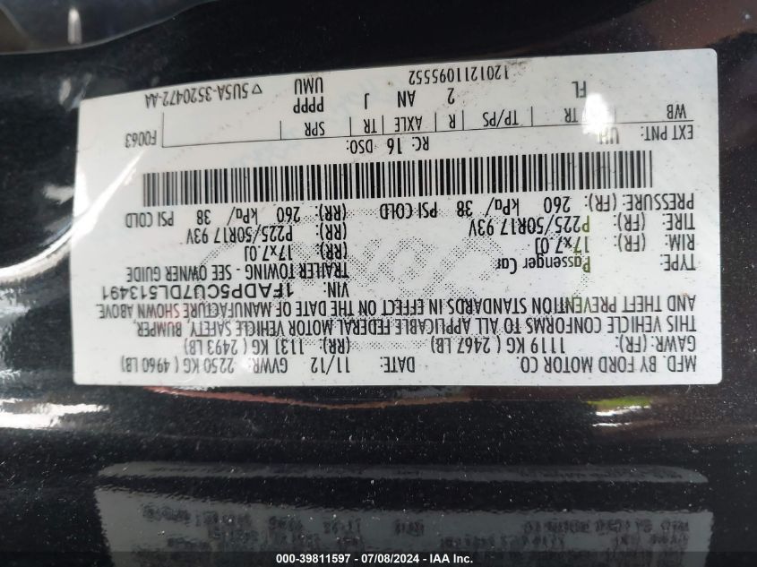 2013 Ford C-Max Premium VIN: 1FADP5CU7DL513491 Lot: 39811597