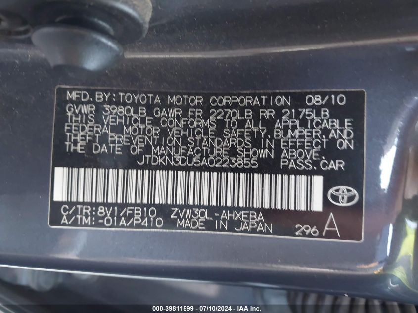 2010 Toyota Prius VIN: JTDKN3DU5A0223855 Lot: 39811599