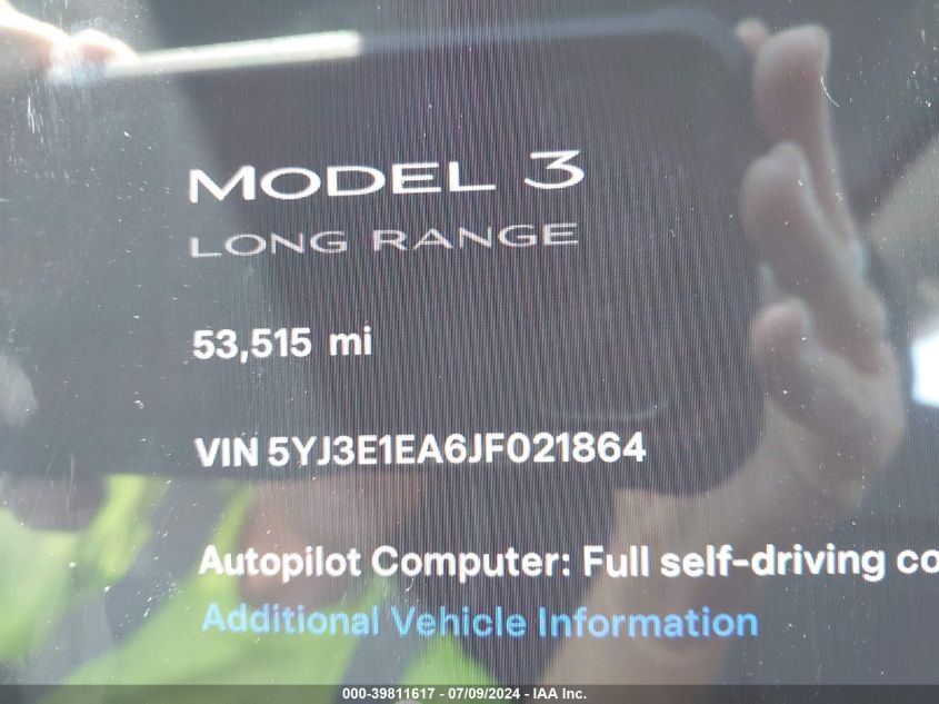 2018 Tesla Model 3 Long Range/Mid Range VIN: 5YJ3E1EA6JF021864 Lot: 39811617