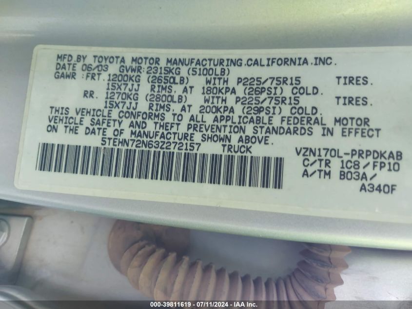 2003 Toyota Tacoma Base V6 VIN: 5TEHN72N63Z272157 Lot: 39811619