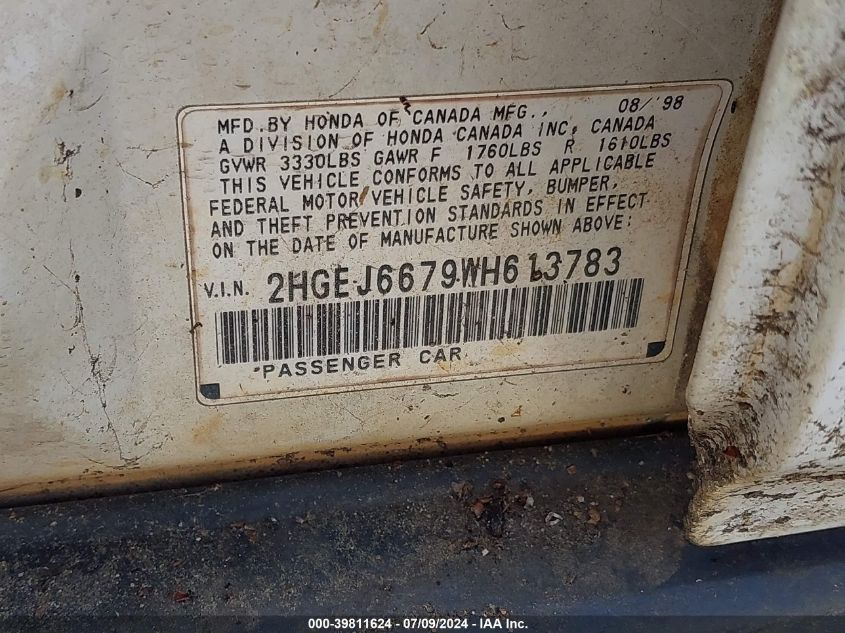 1998 Honda Civic Lx VIN: 2HGEJ6679WH613783 Lot: 39811624