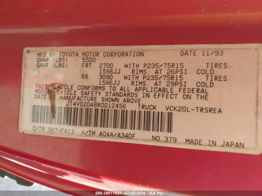 1994 Toyota T100 Dx VIN: JT4VD20A8R0012456 Lot: 39811627
