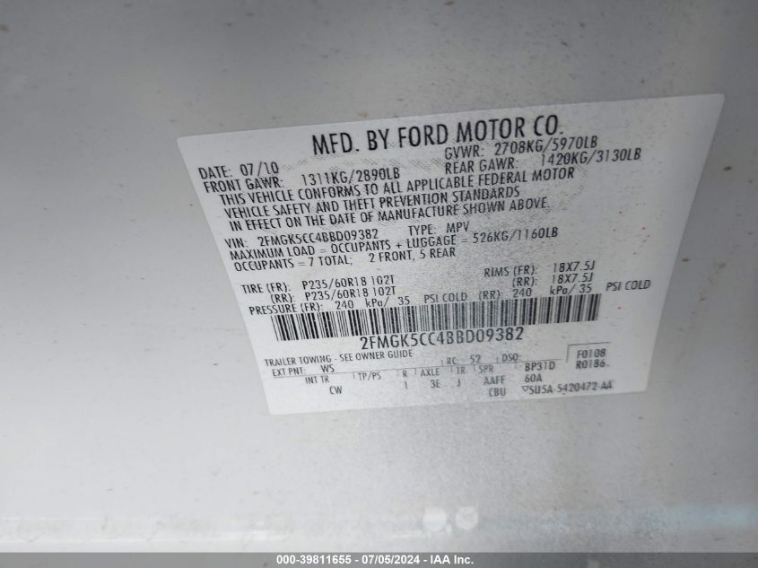 2011 Ford Flex Sel VIN: 2FMGK5CC4BBD09382 Lot: 39811655