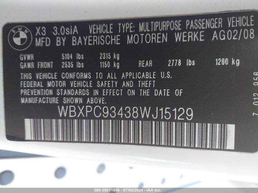 2008 BMW X3 3.0Si VIN: WBXPC93438WJ15129 Lot: 39811656