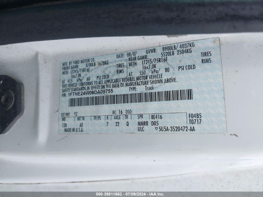 2008 Ford E-250 Commercial/Recreational VIN: 1FTNE24W08DA09755 Lot: 39811662