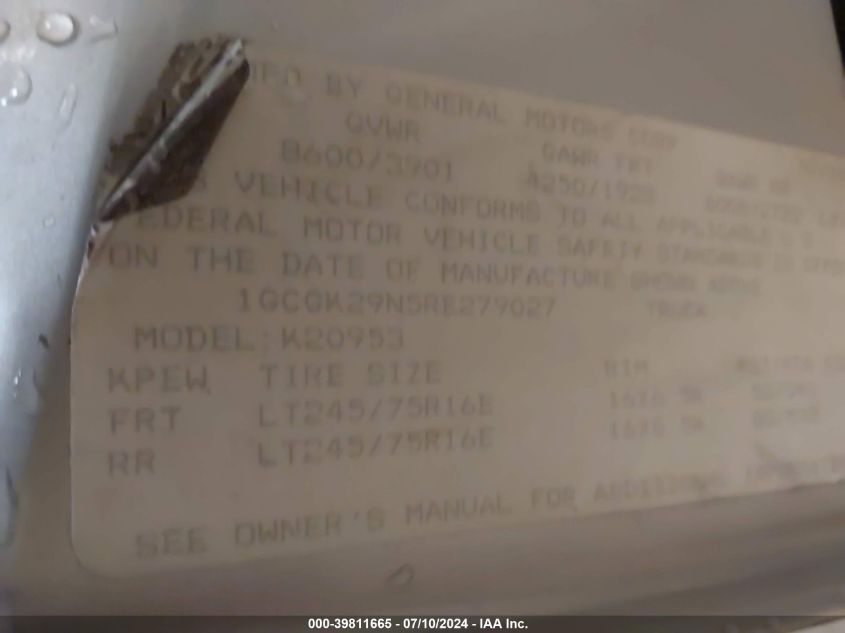 1994 Chevrolet Gmt-400 K2500 VIN: 1GCGK29N5RE279027 Lot: 39811665