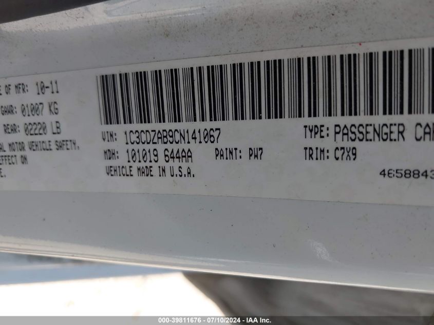 2012 Dodge Avenger Se VIN: 1C3CDZAB9CN141067 Lot: 39811676