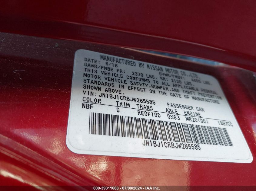 2018 Nissan Rogue Sport S VIN: JN1BJ1CR8JW285585 Lot: 39811683