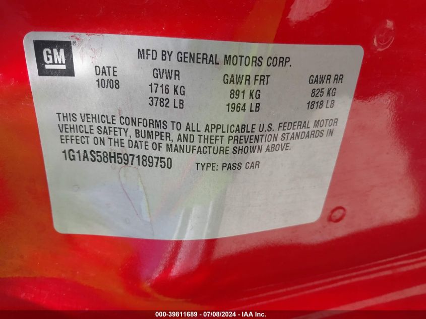 2009 Chevrolet Cobalt Ls VIN: 1G1AS58H597189750 Lot: 39811689