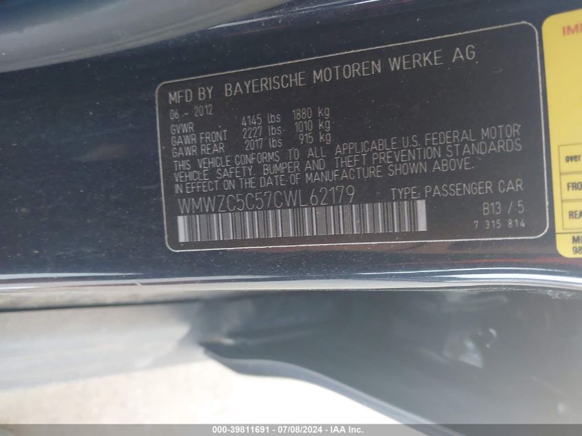 2012 Mini Cooper S Countryman VIN: WMWZC5C57CWL62179 Lot: 39811691