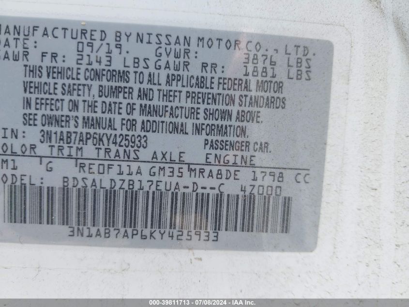 2019 Nissan Sentra Sv VIN: 3N1AB7AP6KY425933 Lot: 39811713