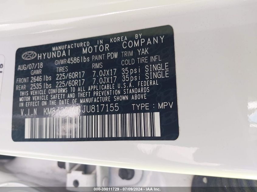 2018 Hyundai Tucson Se VIN: KM8J23A44JU817155 Lot: 39811729