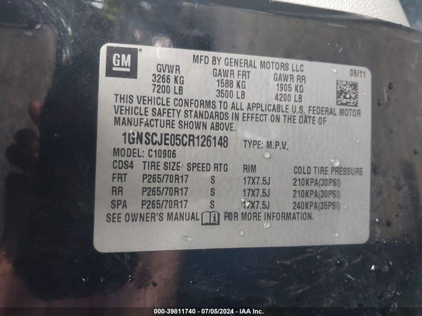 2012 Chevrolet Suburban 1500 Lt VIN: 1GNSCJE05CR126148 Lot: 39811740