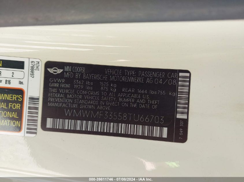 2008 Mini Cooper VIN: WMWMF33558TU66703 Lot: 39811746