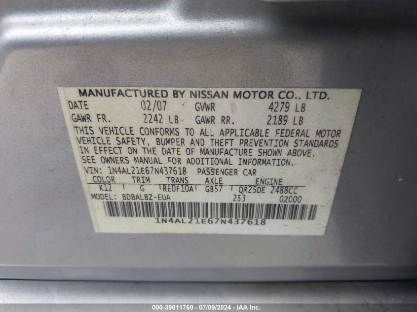 1N4AL21E67N437618 2007 Nissan Altima 2.5/2.5S