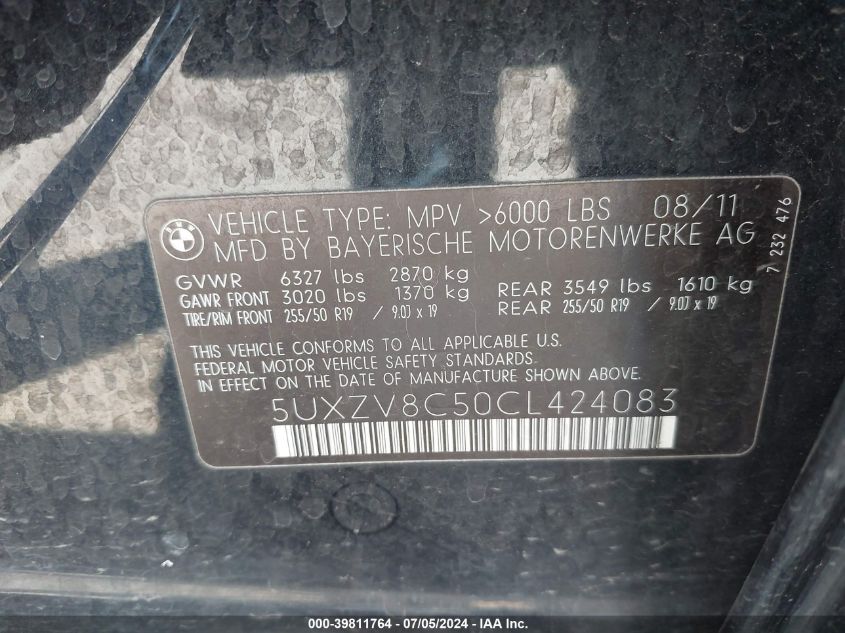 2012 BMW X5 xDrive50I VIN: 5UXZV8C50CL424083 Lot: 39811764