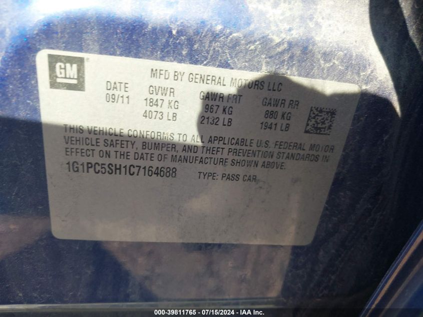2012 Chevrolet Cruze Ls VIN: 1G1PC5SH1C7164688 Lot: 39811765