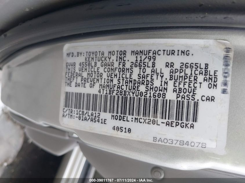 2000 Toyota Avalon Xls VIN: 4T1BF28BXYU021608 Lot: 39811767