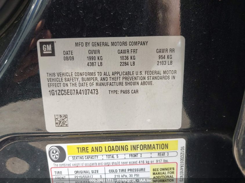 2010 Chevrolet Malibu Lt VIN: 1G1ZC5E07A4107473 Lot: 39811771