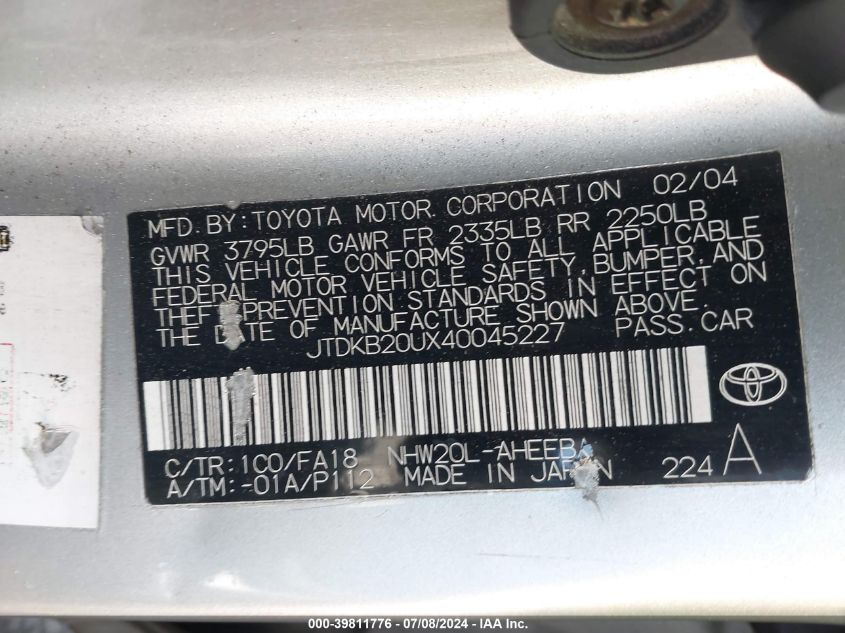 2004 Toyota Prius VIN: JTDKB20UX40045227 Lot: 39811776