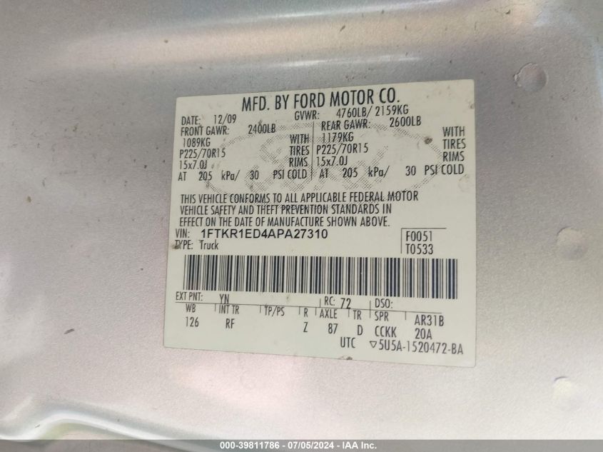 2010 Ford Ranger Xl/Xlt VIN: 1FTKR1ED4APA27310 Lot: 39811786