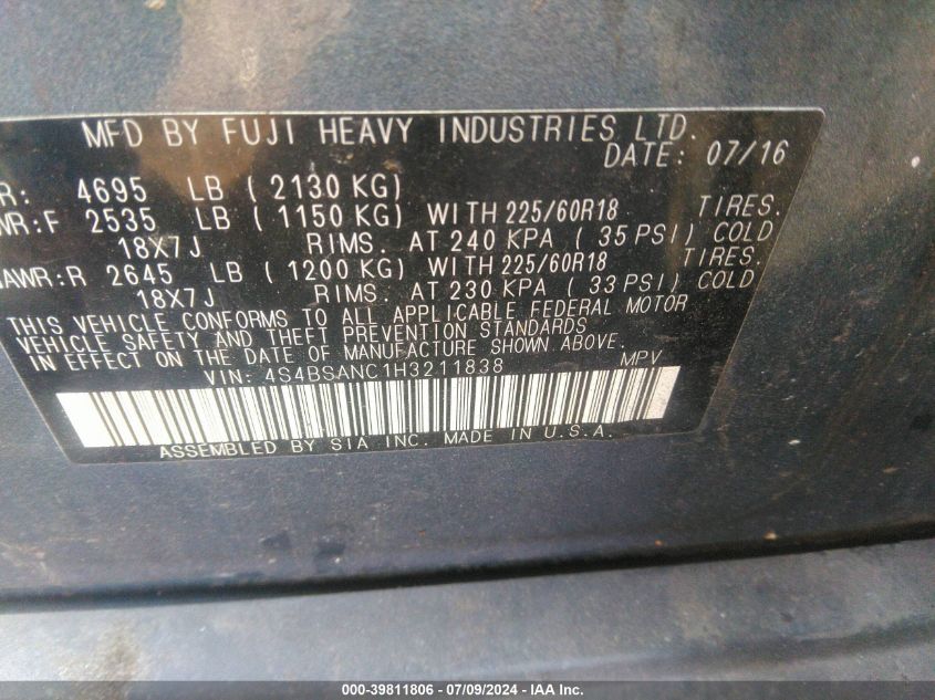 2017 Subaru Outback 2.5I Limited VIN: 4S4BSANC1H3211838 Lot: 39811806