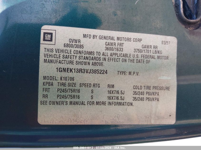 1997 Chevrolet Tahoe Ls VIN: 1GNEK13R3VJ385224 Lot: 39811812