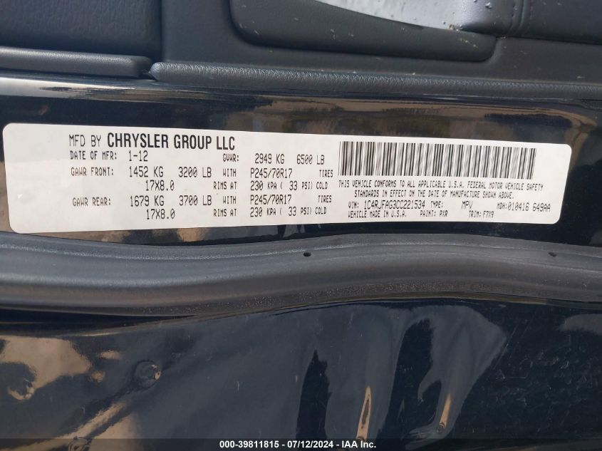 2012 Jeep Grand Cherokee Laredo VIN: 1C4RJFAG3CC221534 Lot: 39811815