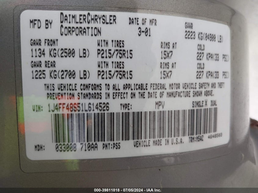 2001 Jeep Cherokee Sport VIN: 1J4FF48S51L614526 Lot: 39811818