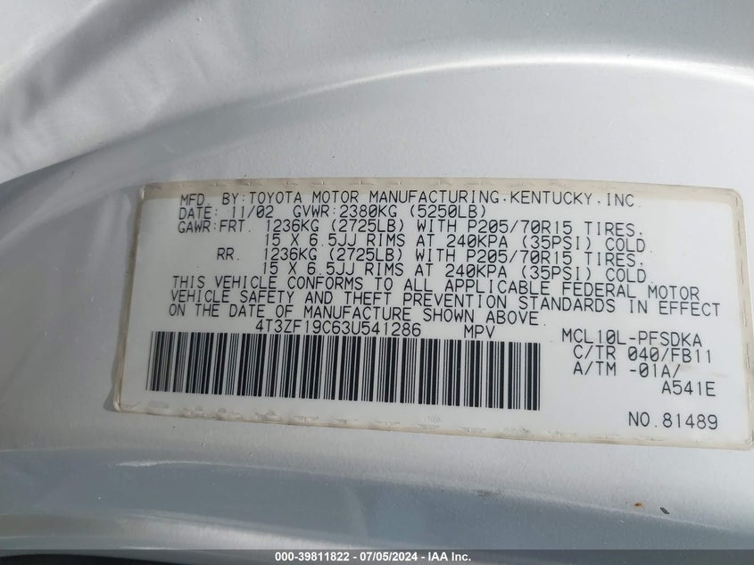 2003 Toyota Sienna Ce VIN: 4T3ZF19C63U541286 Lot: 39811822