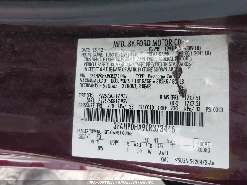 2012 Ford Fusion Se VIN: 3FAHP0HA9CR373446 Lot: 39811829